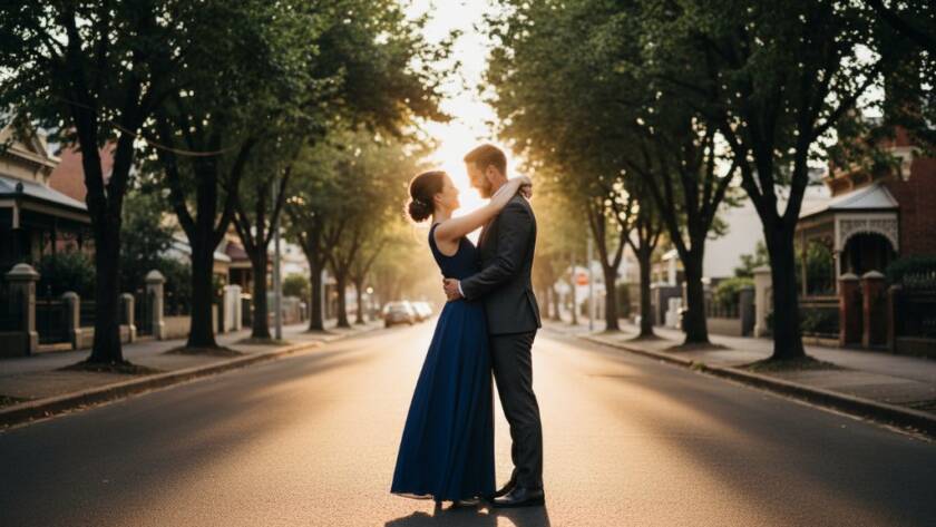 A couple shares a tender, joyful embrace at sunset in a lush garden, capturing their Caulfield South pre-wedding photoshoot iconic moments with dramatic backlighting and soft focus, embodying a cinematic, 'epic moment' style.