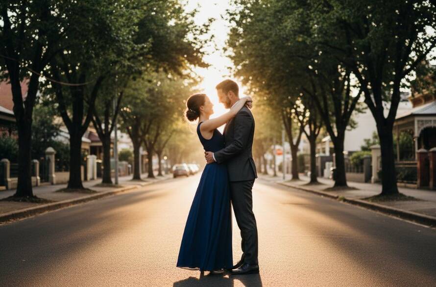 A couple shares a tender, joyful embrace at sunset in a lush garden, capturing their Caulfield South pre-wedding photoshoot iconic moments with dramatic backlighting and soft focus, embodying a cinematic, 'epic moment' style.