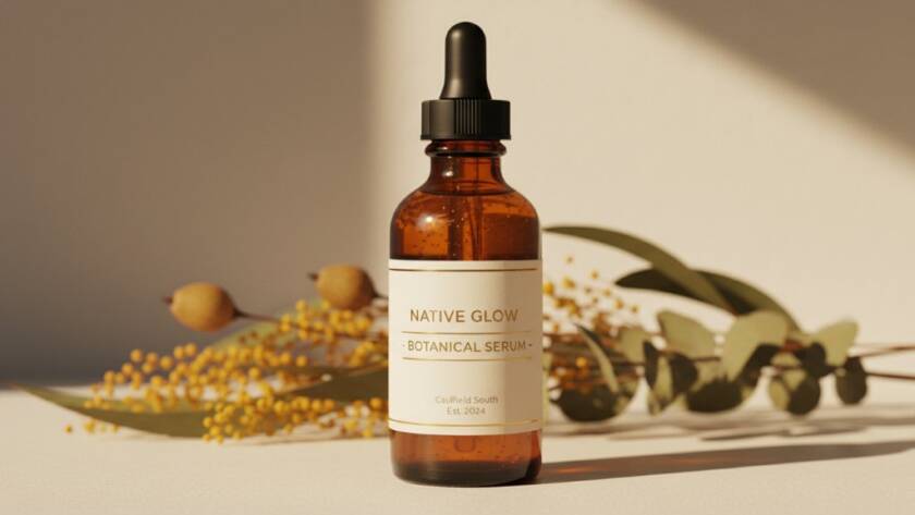 Dramatic close-up of artisan skincare serum bottle on a textured plinth, bathed in golden hour light within a modern Caulfield South studio, showcasing expert Caulfield South Product Photography for Online Shops.