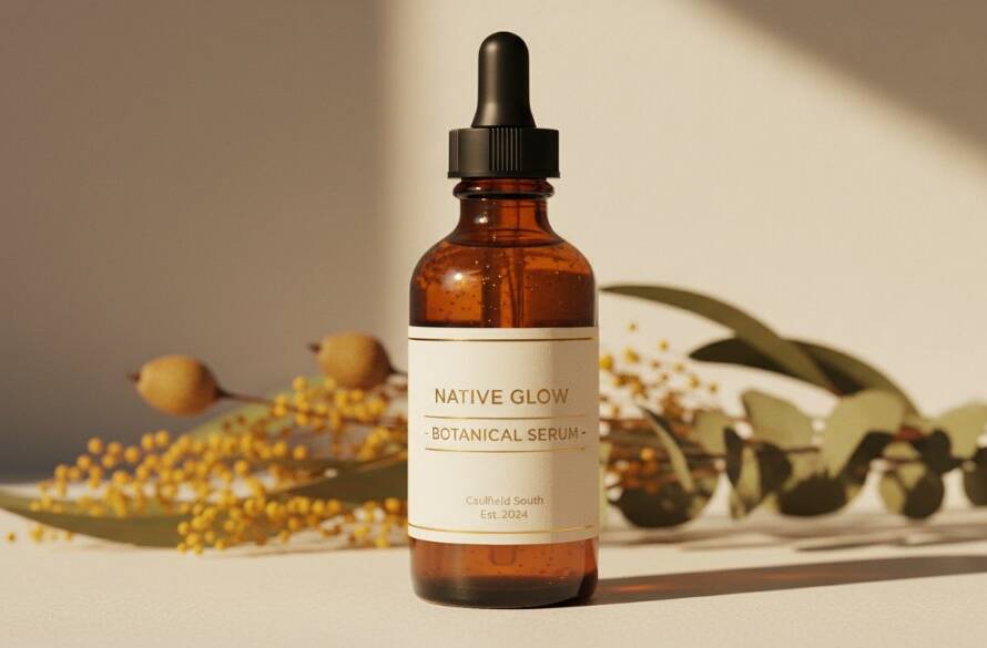 Dramatic close-up of artisan skincare serum bottle on a textured plinth, bathed in golden hour light within a modern Caulfield South studio, showcasing expert Caulfield South Product Photography for Online Shops.