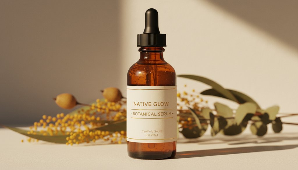 Dramatic close-up of artisan skincare serum bottle on a textured plinth, bathed in golden hour light within a modern Caulfield South studio, showcasing expert Caulfield South Product Photography for Online Shops.