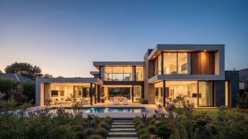 An aerial, epic moment shot of a modern, immaculately staged home in Caulfield South at sunset, showcasing its stunning architectural features, lush garden, and sparkling pool, highlighting professional property photography elevating listings.