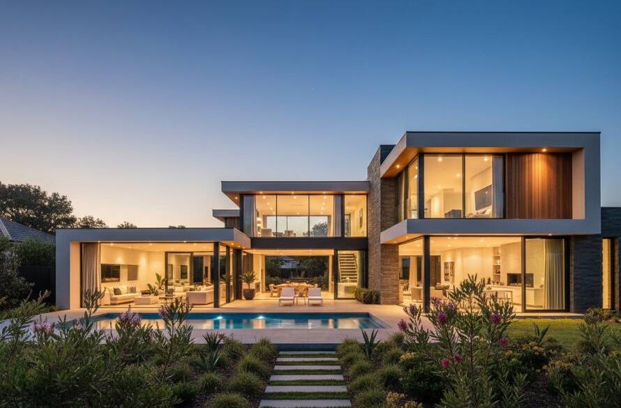 An aerial, epic moment shot of a modern, immaculately staged home in Caulfield South at sunset, showcasing its stunning architectural features, lush garden, and sparkling pool, highlighting professional property photography elevating listings.