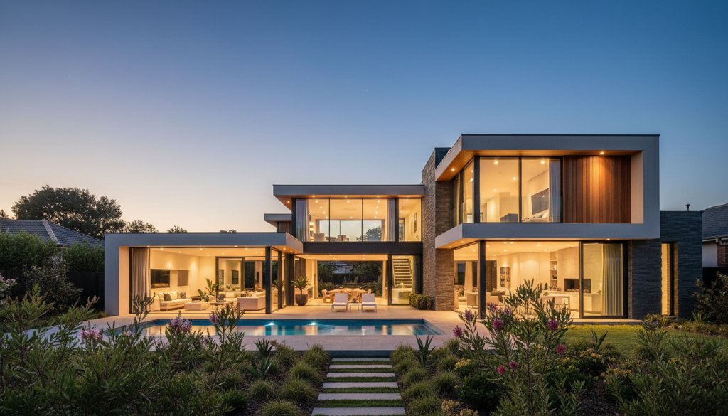 An aerial, epic moment shot of a modern, immaculately staged home in Caulfield South at sunset, showcasing its stunning architectural features, lush garden, and sparkling pool, highlighting professional property photography elevating listings.