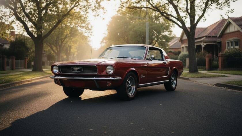Dramatic, low-angle shot of a meticulously restored vintage sports car parked on a tree-lined street in Caulfield South, early morning light highlighting its curves, embodying a perfect moment for Caulfield South Victoria bespoke automotive photography.