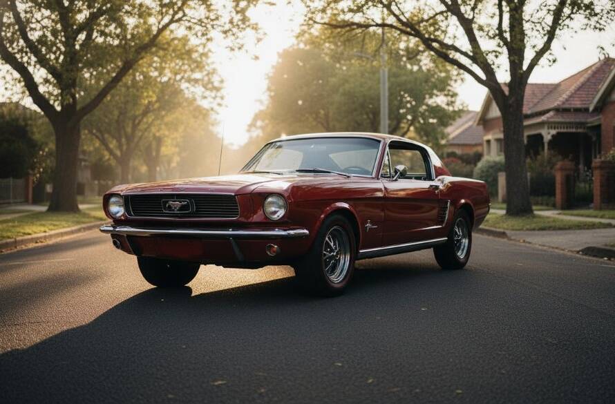 Dramatic, low-angle shot of a meticulously restored vintage sports car parked on a tree-lined street in Caulfield South, early morning light highlighting its curves, embodying a perfect moment for Caulfield South Victoria bespoke automotive photography.