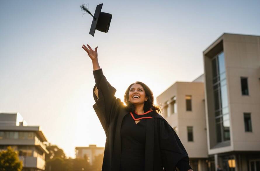 A jubilant graduate in cap and gown, framed against the iconic architecture of Monash University's Caulfield campus at sunset, holding their degree aloft with an ecstatic smile, capturing Caulfield University graduation photos captivating in an epic, professionally lit scene.
