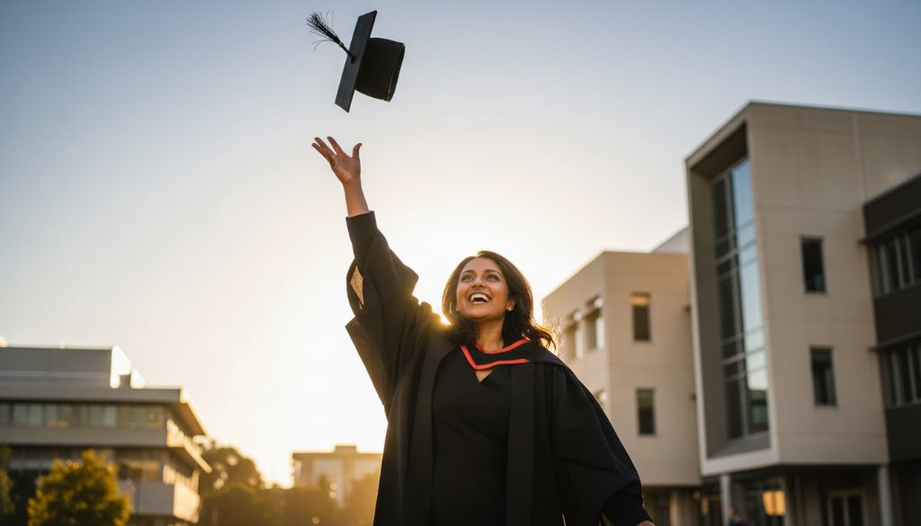 A jubilant graduate in cap and gown, framed against the iconic architecture of Monash University's Caulfield campus at sunset, holding their degree aloft with an ecstatic smile, capturing Caulfield University graduation photos captivating in an epic, professionally lit scene.