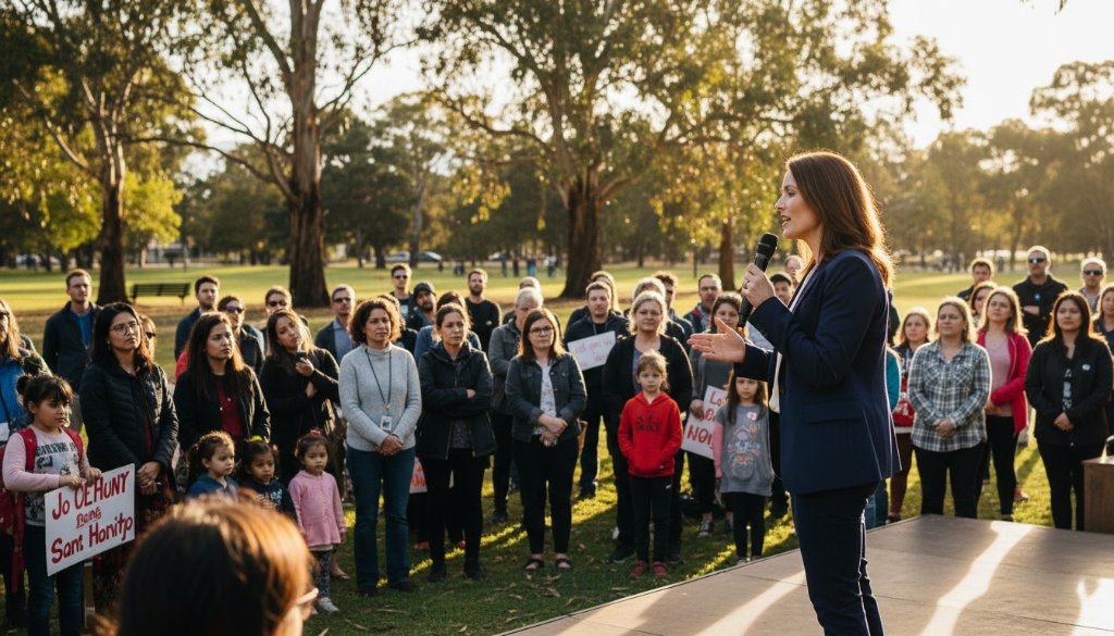 A powerful image showcasing Caulfield's authentic editorial photography for local stories, capturing a bustling market scene with a chef passionately explaining local produce, bathed in warm afternoon sunlight, conveying community spirit and genuine connection.
