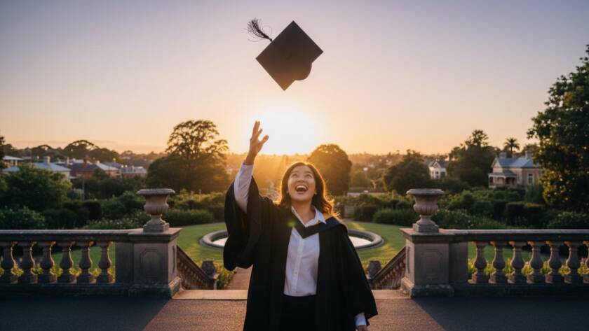 An epic moment of a smiling graduate in a cap and gown, joyfully tossing their cap against the backdrop of an iconic Deepdene parkland at sunset, perfectly encapsulating Celebrating Deepdene Graduation Photography Success Victoria.