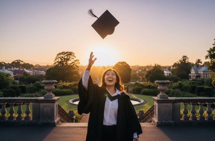 An epic moment of a smiling graduate in a cap and gown, joyfully tossing their cap against the backdrop of an iconic Deepdene parkland at sunset, perfectly encapsulating Celebrating Deepdene Graduation Photography Success Victoria.