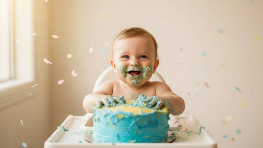 A vibrant, professionally lit 'epic moment' photograph of a joyous baby amidst a colourful cake smash, capturing the pure delight during a celebrating first birthday cake smash photoshoot Williams Landing Victoria, with soft focus on the blurred background suggesting a bright, cheerful studio setting.
