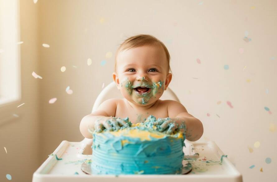 A vibrant, professionally lit 'epic moment' photograph of a joyous baby amidst a colourful cake smash, capturing the pure delight during a celebrating first birthday cake smash photoshoot Williams Landing Victoria, with soft focus on the blurred background suggesting a bright, cheerful studio setting.