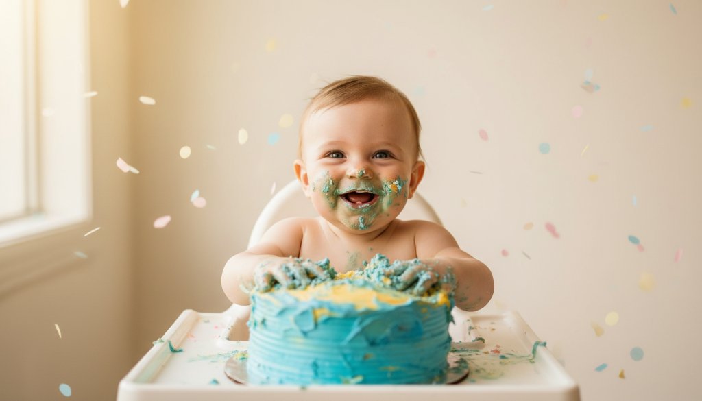 A vibrant, professionally lit 'epic moment' photograph of a joyous baby amidst a colourful cake smash, capturing the pure delight during a celebrating first birthday cake smash photoshoot Williams Landing Victoria, with soft focus on the blurred background suggesting a bright, cheerful studio setting.