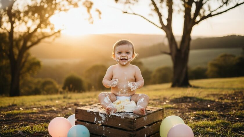 An epic moment of pure delight captured during a celebrating first birthdays Macedon cake smash photography session, featuring a baby gleefully covered in cake against a soft, sun-dappled Macedon Ranges backdrop.
