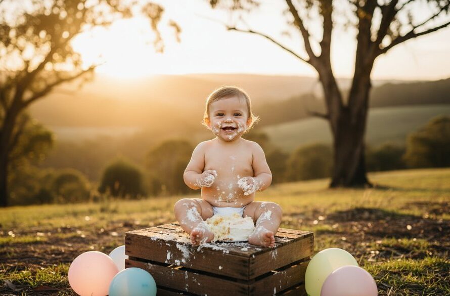 An epic moment of pure delight captured during a celebrating first birthdays Macedon cake smash photography session, featuring a baby gleefully covered in cake against a soft, sun-dappled Macedon Ranges backdrop.