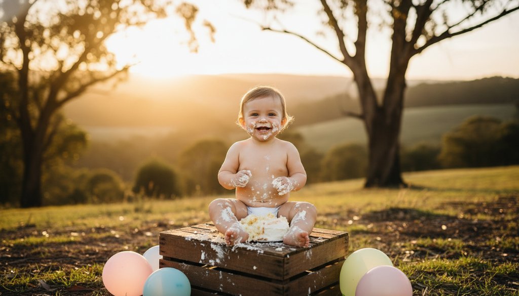 An epic moment of pure delight captured during a celebrating first birthdays Macedon cake smash photography session, featuring a baby gleefully covered in cake against a soft, sun-dappled Macedon Ranges backdrop.