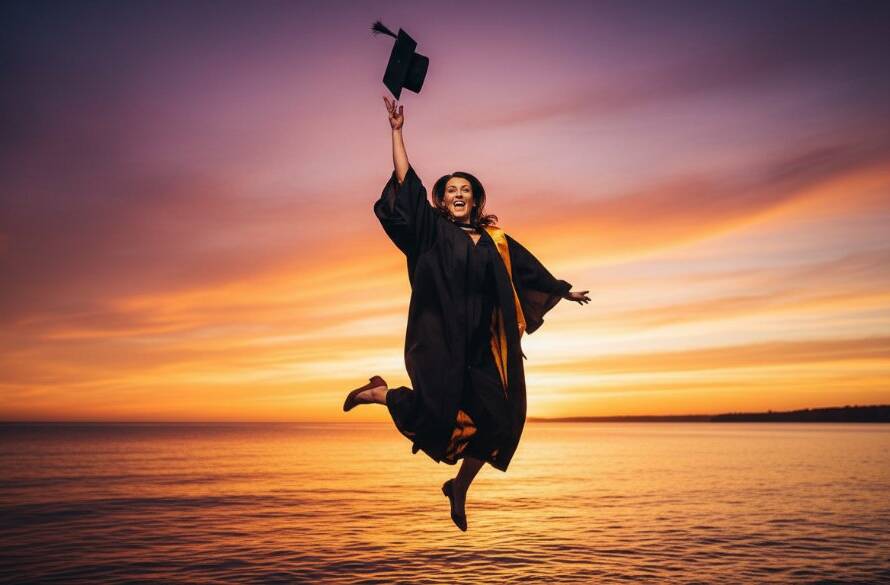 A jubilant graduate, cap mid-air, silhouetted against a golden sunset over Half Moon Bay in Black Rock, perfectly encapsulating celebratory Black Rock graduation photography with dramatic flair.