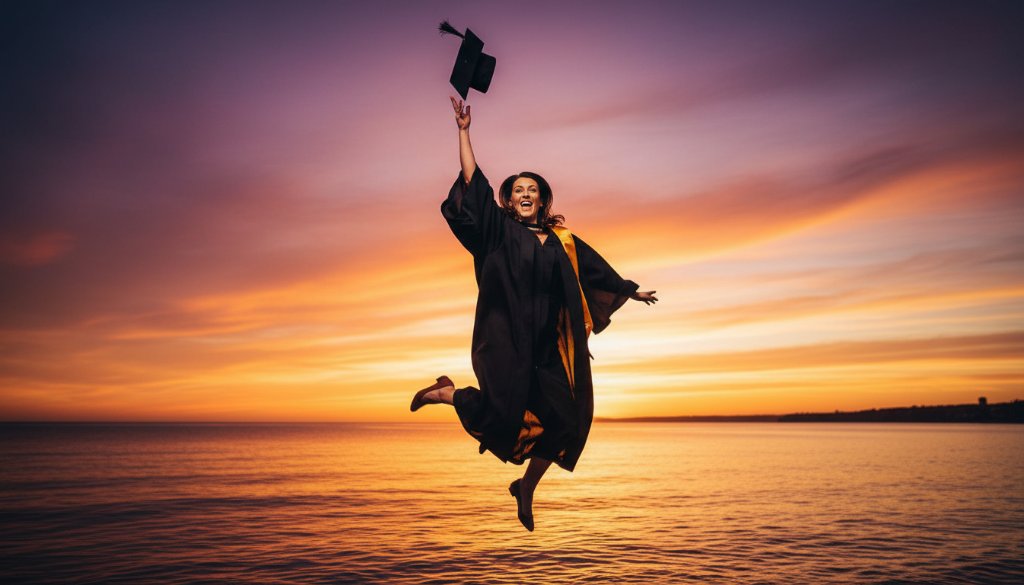A jubilant graduate, cap mid-air, silhouetted against a golden sunset over Half Moon Bay in Black Rock, perfectly encapsulating celebratory Black Rock graduation photography with dramatic flair.