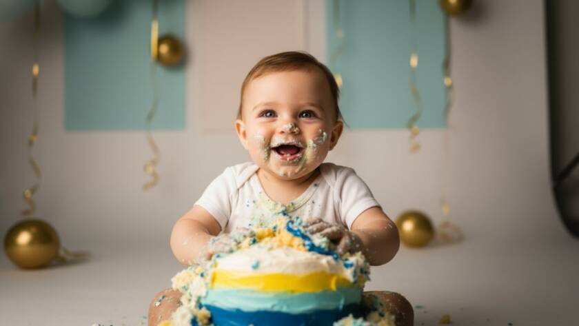 An epic moment of pure joy captured during a Chadstone Cake Smash Photography Victoria First Birthday session, showing a baby playfully covered in cake, surrounded by vibrant colours and dramatic lighting.