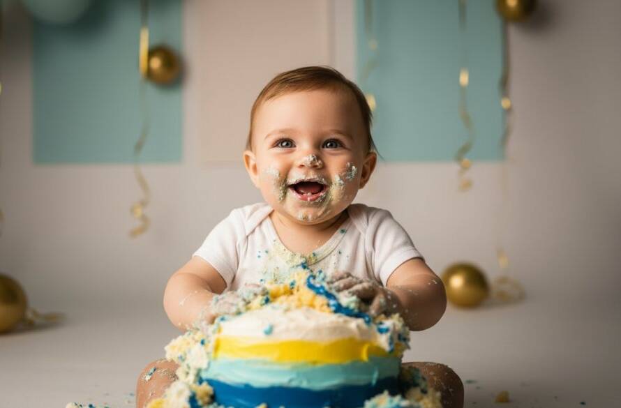 An epic moment of pure joy captured during a Chadstone Cake Smash Photography Victoria First Birthday session, showing a baby playfully covered in cake, surrounded by vibrant colours and dramatic lighting.