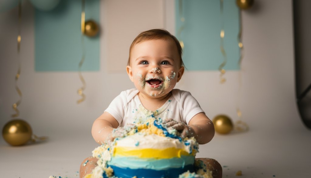 An epic moment of pure joy captured during a Chadstone Cake Smash Photography Victoria First Birthday session, showing a baby playfully covered in cake, surrounded by vibrant colours and dramatic lighting.