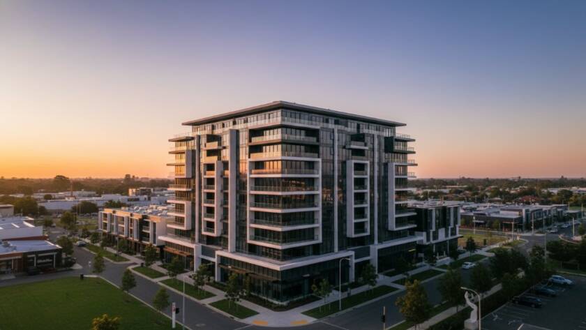 Epic sunrise shot showcasing a modern architectural reveal in Chadstone through Chadstone drone photography for modern architectural reveals, with dramatic light on geometric facades and a drone subtly captured in the distance.