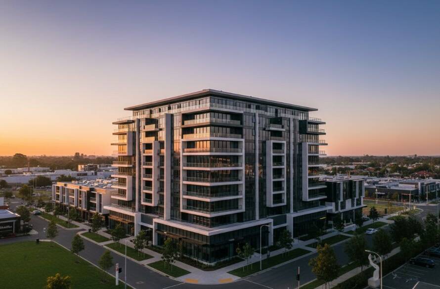 Epic sunrise shot showcasing a modern architectural reveal in Chadstone through Chadstone drone photography for modern architectural reveals, with dramatic light on geometric facades and a drone subtly captured in the distance.