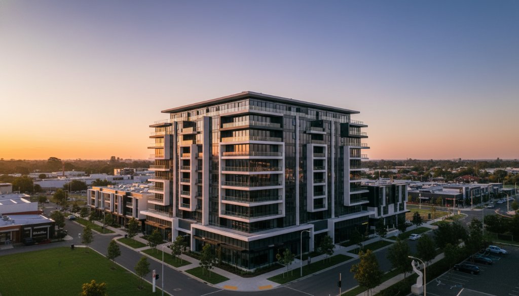 Epic sunrise shot showcasing a modern architectural reveal in Chadstone through Chadstone drone photography for modern architectural reveals, with dramatic light on geometric facades and a drone subtly captured in the distance.