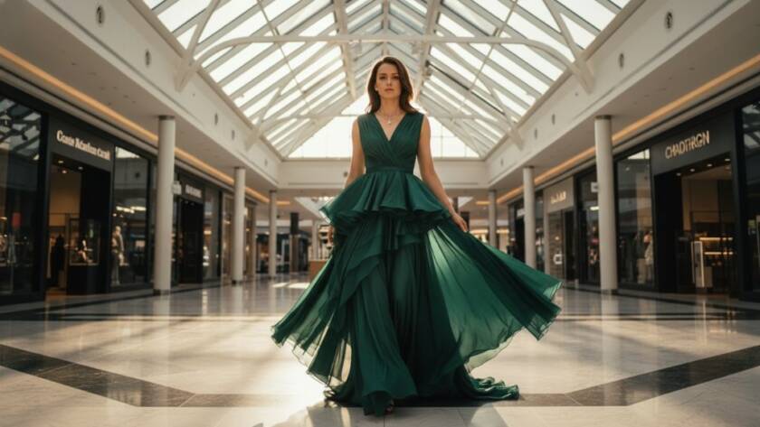 Dynamic wide-angle shot capturing a high-fashion model posing dramatically amidst the modern, illuminated architecture of Chadstone Shopping Centre, showcasing Chadstone editorial photography for luxury fashion brands with professional lighting and vibrant colours.