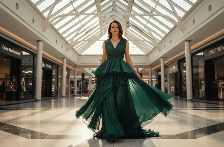 Dynamic wide-angle shot capturing a high-fashion model posing dramatically amidst the modern, illuminated architecture of Chadstone Shopping Centre, showcasing Chadstone editorial photography for luxury fashion brands with professional lighting and vibrant colours.