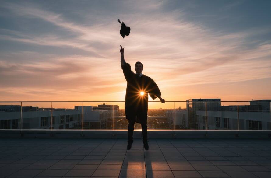 A graduating student in Chadstone, wearing cap and gown, joyfully tossing their mortarboard against a dramatic sunset backdrop near Chadstone Fashion Centre, celebrating Chadstone graduation photography unforgettable memories, with professional lighting and vibrant colours.