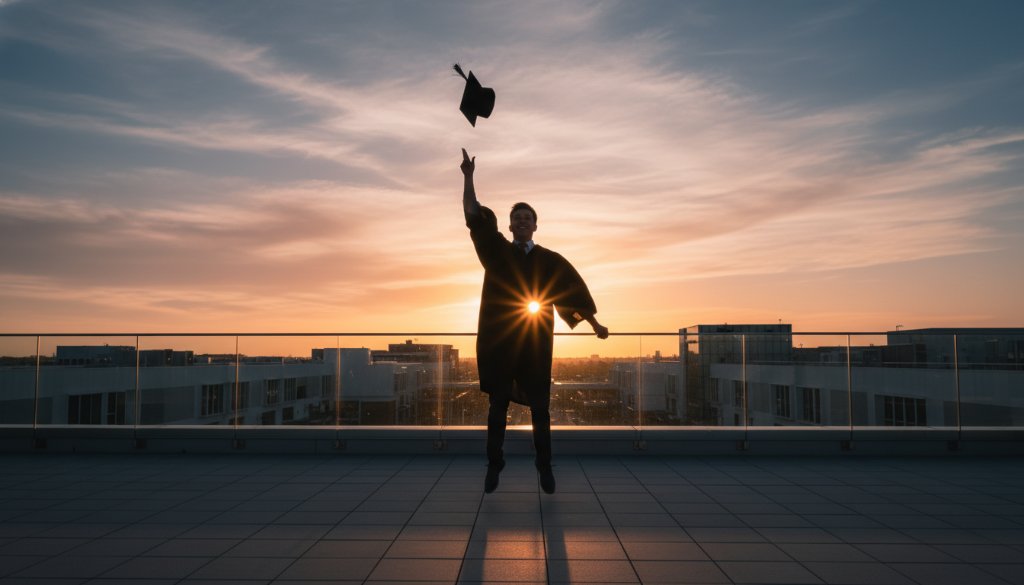A graduating student in Chadstone, wearing cap and gown, joyfully tossing their mortarboard against a dramatic sunset backdrop near Chadstone Fashion Centre, celebrating Chadstone graduation photography unforgettable memories, with professional lighting and vibrant colours.