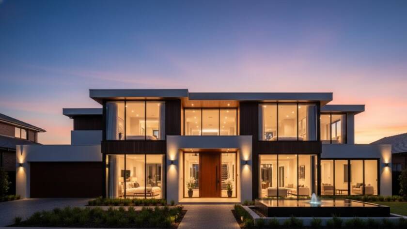 Dramatic twilight shot showcasing a stunning modern Chadstone luxury property, bathed in warm interior lights, highlighting the exceptional Chadstone luxury property photography value with a vibrant sunset glow behind.
