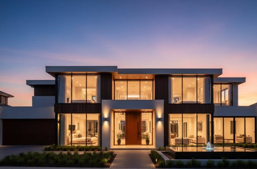 Dramatic twilight shot showcasing a stunning modern Chadstone luxury property, bathed in warm interior lights, highlighting the exceptional Chadstone luxury property photography value with a vibrant sunset glow behind.