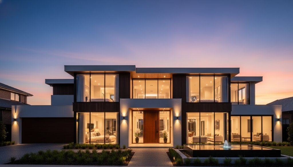 Dramatic twilight shot showcasing a stunning modern Chadstone luxury property, bathed in warm interior lights, highlighting the exceptional Chadstone luxury property photography value with a vibrant sunset glow behind.