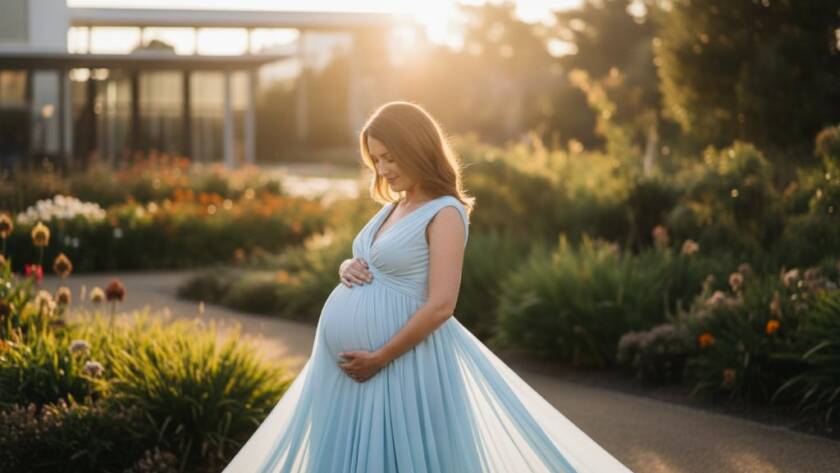 An expectant mother enjoying Chadstone Maternity Photoshoot Serenity, captured in a dramatic, ethereal photograph with golden hour light silhouetting her pregnant silhouette against a blurred lush green Chadstone park background, professional color grading.