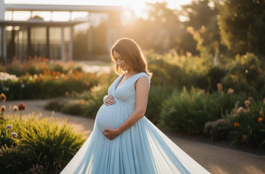 An expectant mother enjoying Chadstone Maternity Photoshoot Serenity, captured in a dramatic, ethereal photograph with golden hour light silhouetting her pregnant silhouette against a blurred lush green Chadstone park background, professional color grading.
