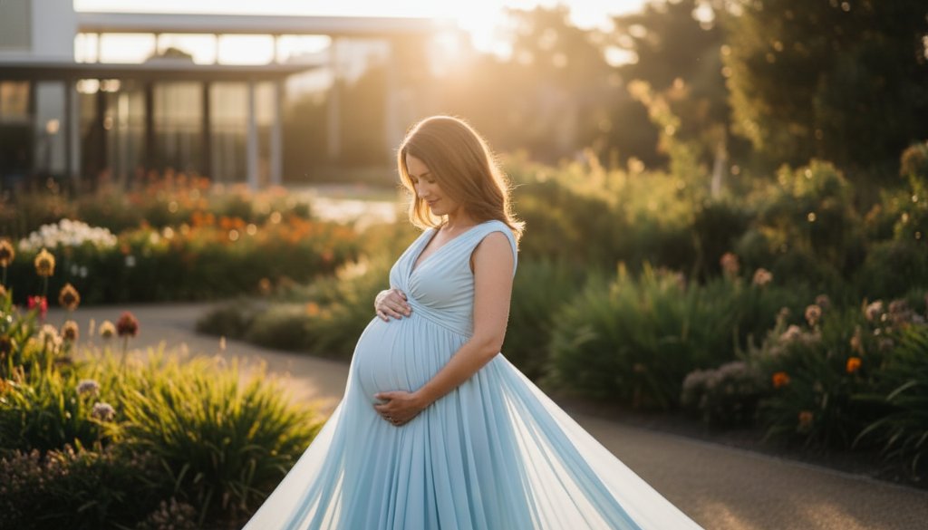 An expectant mother enjoying Chadstone Maternity Photoshoot Serenity, captured in a dramatic, ethereal photograph with golden hour light silhouetting her pregnant silhouette against a blurred lush green Chadstone park background, professional color grading.