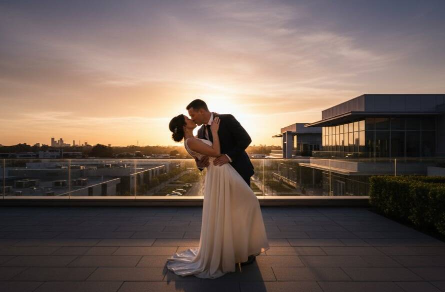 An epic, professionally colour-graded photograph capturing Chadstone pre-wedding photography romantic moments at sunset, featuring a couple embracing passionately amidst the stylish architecture near Chadstone Shopping Centre, with dramatic golden hour lighting creating long shadows and a cinematic, emotional atmosphere.