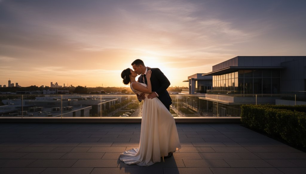 An epic, professionally colour-graded photograph capturing Chadstone pre-wedding photography romantic moments at sunset, featuring a couple embracing passionately amidst the stylish architecture near Chadstone Shopping Centre, with dramatic golden hour lighting creating long shadows and a cinematic, emotional atmosphere.