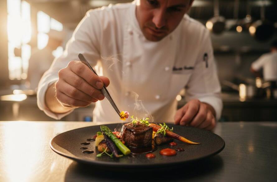 A dramatic close-up of a perfectly plated dish, showcasing the vibrant colours and textures of a gourmet meal in a bustling Chadstone restaurant, captured with expert Chadstone restaurant food photography for vibrant menus.