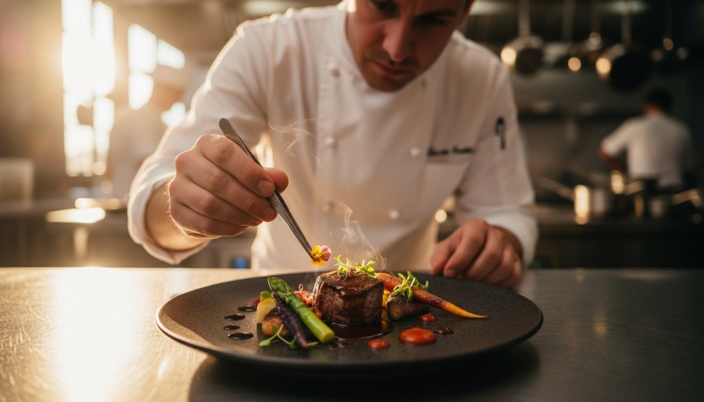 A dramatic close-up of a perfectly plated dish, showcasing the vibrant colours and textures of a gourmet meal in a bustling Chadstone restaurant, captured with expert Chadstone restaurant food photography for vibrant menus.