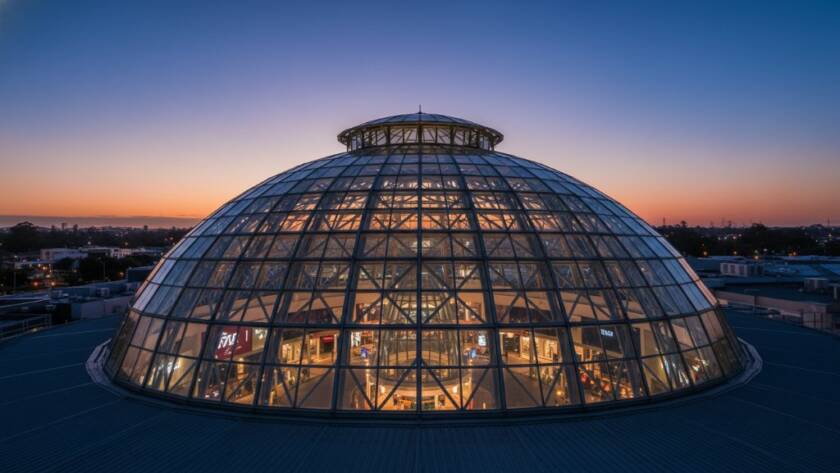 An epic moment captured in Chadstone's vibrant architectural photography, showcasing dramatic light on a sleek, modern facade with reflective surfaces and a deep blue sky.