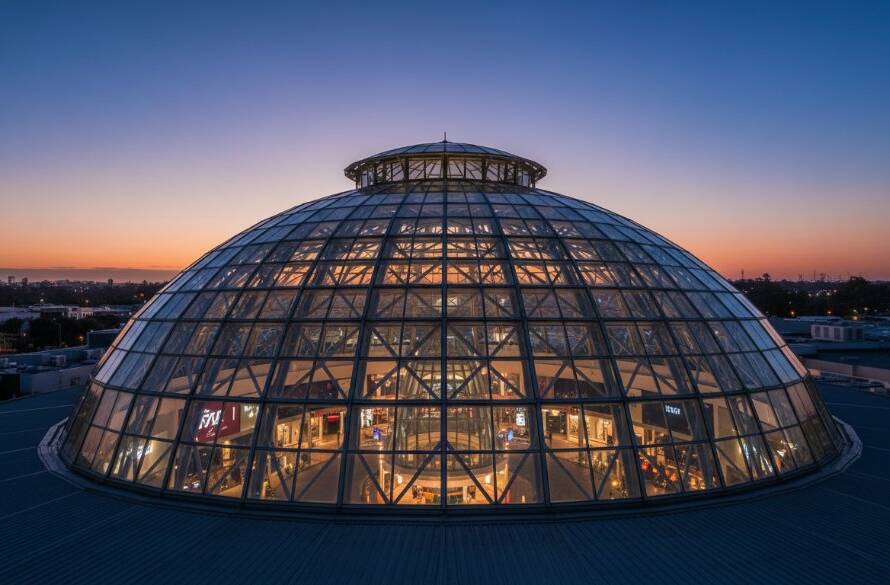 An epic moment captured in Chadstone's vibrant architectural photography, showcasing dramatic light on a sleek, modern facade with reflective surfaces and a deep blue sky.
