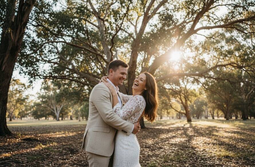 A candid, joyful moment from a charming Ashwood pre-wedding photography Victoria session, featuring a couple laughing and embracing under a canopy of old oak trees, bathed in golden hour light, showcasing natural emotion and the lush Ashwood parkland.
