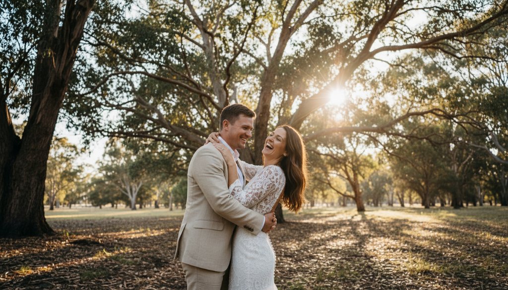 A candid, joyful moment from a charming Ashwood pre-wedding photography Victoria session, featuring a couple laughing and embracing under a canopy of old oak trees, bathed in golden hour light, showcasing natural emotion and the lush Ashwood parkland.