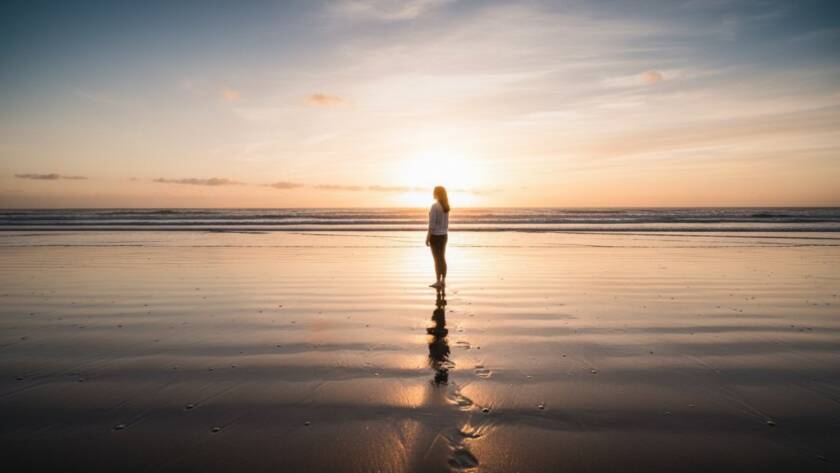 A breathtaking wide-angle, cinematic shot showcasing the serene beauty of Chelsea Beach fine art photography Melbourne at dawn, with soft golden light illuminating gentle waves and a lone figure in the distance, evoking a sense of tranquility and artistic wonder.