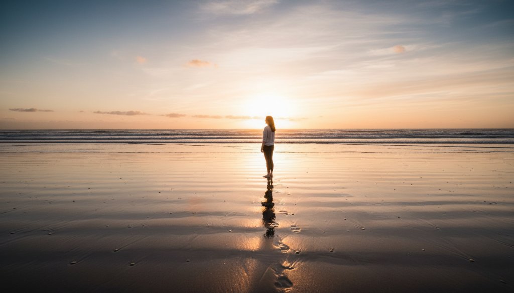 A breathtaking wide-angle, cinematic shot showcasing the serene beauty of Chelsea Beach fine art photography Melbourne at dawn, with soft golden light illuminating gentle waves and a lone figure in the distance, evoking a sense of tranquility and artistic wonder.
