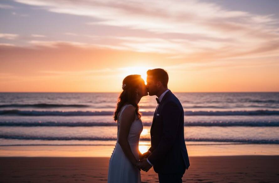 A newly married couple sharing a passionate kiss on Chelsea Beach at sunset, with golden light reflecting on the water, epitomising Chelsea Beach sunset wedding photography Victoria.
